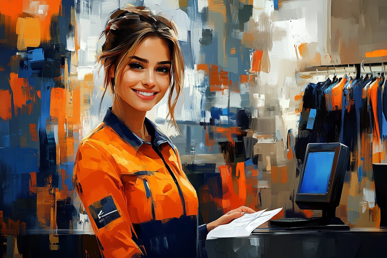 Ilustracja przedstawiająca uśmiechniętą pracownicę w kombinezonie przy stanowisku z terminalem i dokumentem w ręku